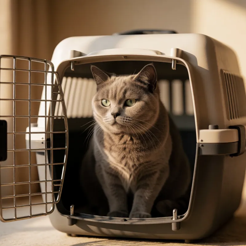 A cat settled in its carrier before going home