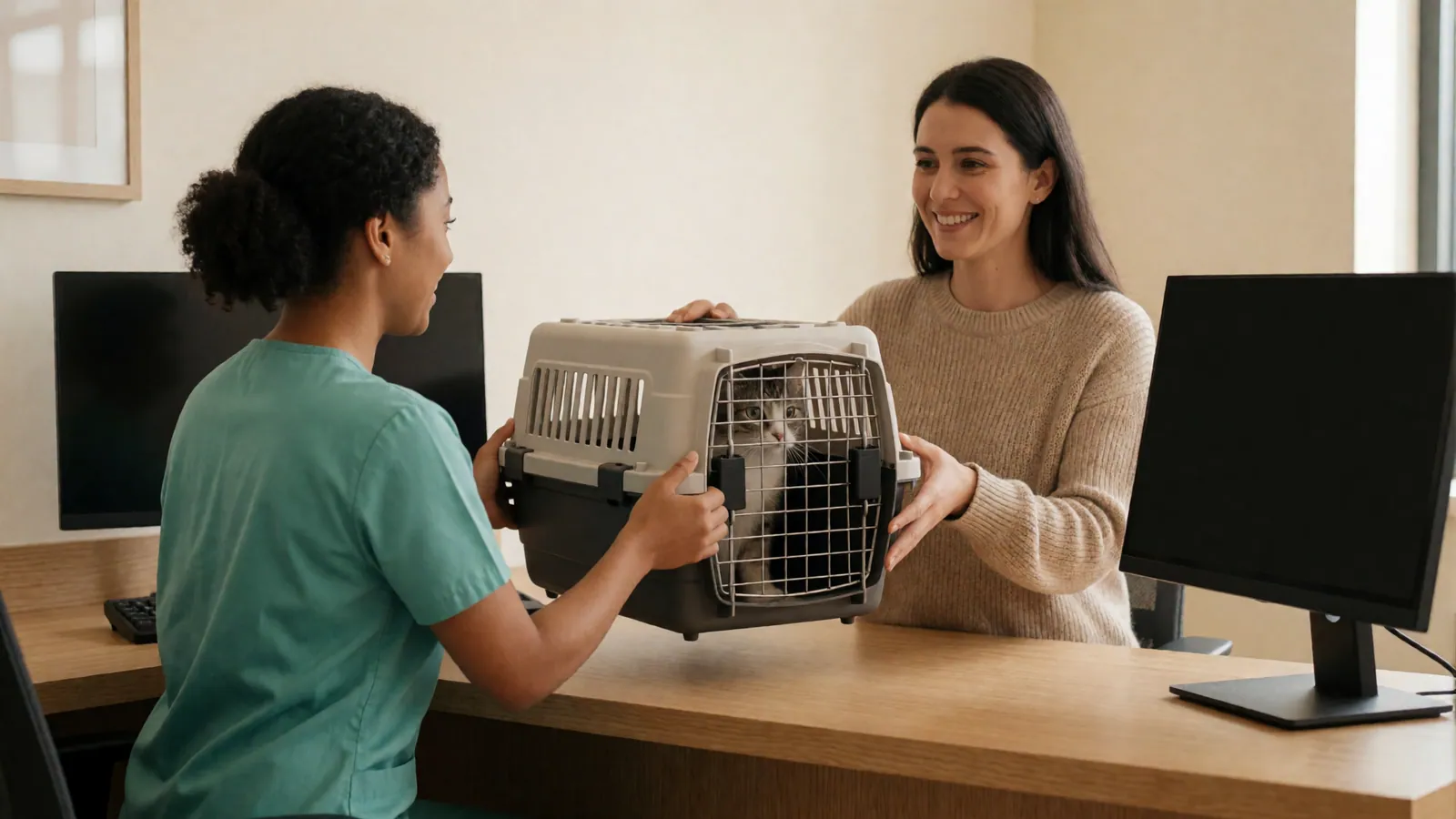 A client collecting written discharge instructions at Woodside Vet & Care in Woodside, Queens, NY