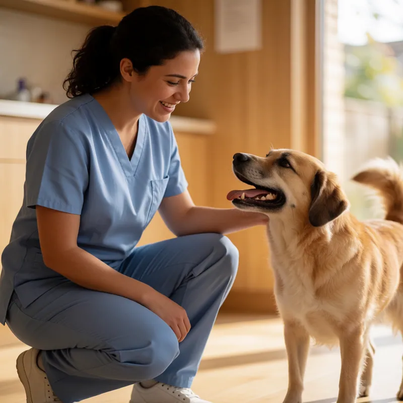 A veterinary nurse crouching to greet a dog at eye level in the waiting area