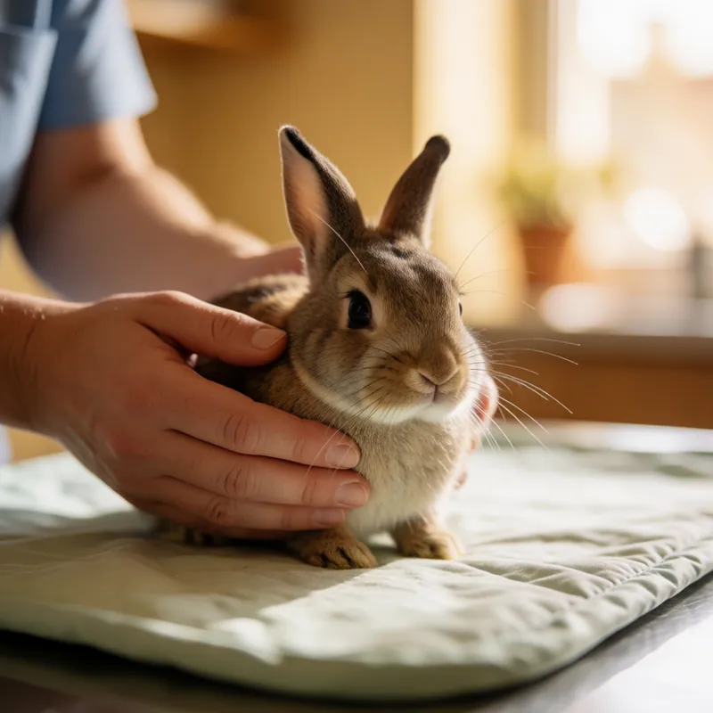 A small rabbit being supported gently on the examination mat