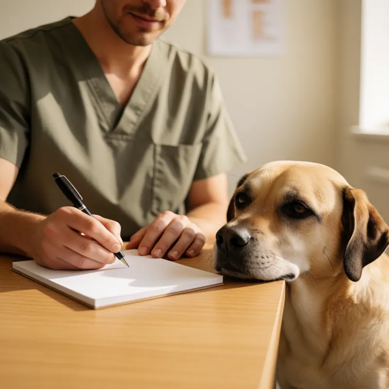 A veterinarian writing up notes with a dog resting its chin on the desk