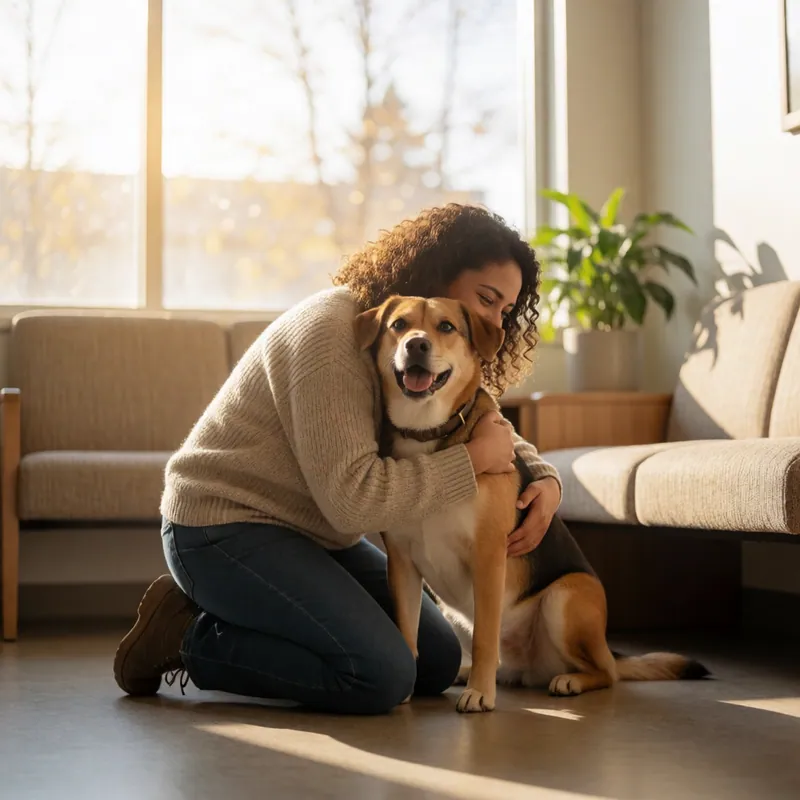 A client greeting their dog in the waiting area after a procedure