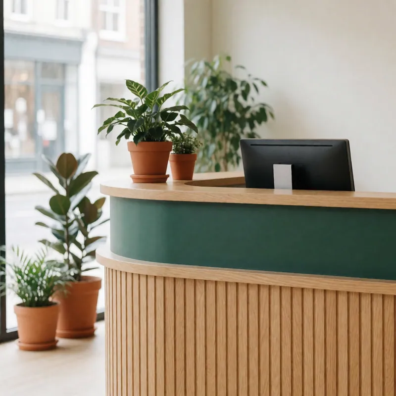 A client discussing a claim form at the front desk of Woodside Vet & Care