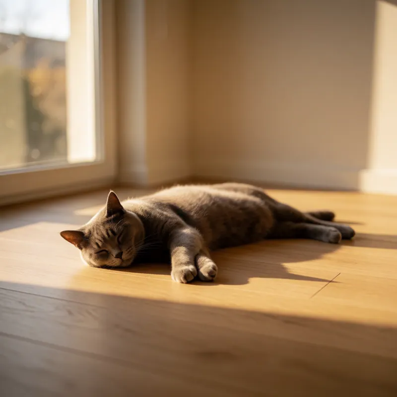 A cat asleep in afternoon sun on the ward floor